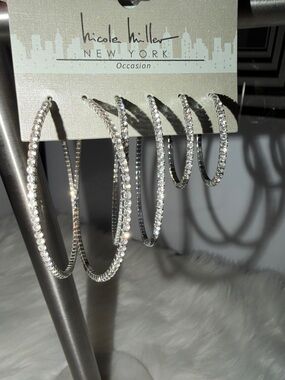 NWT Nicole Miller Silver Rhinestone Hoop Earring Trio